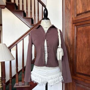 Brown White Pinstripe Fitted Long Sleeve button Down Blouse Corpcore NYC